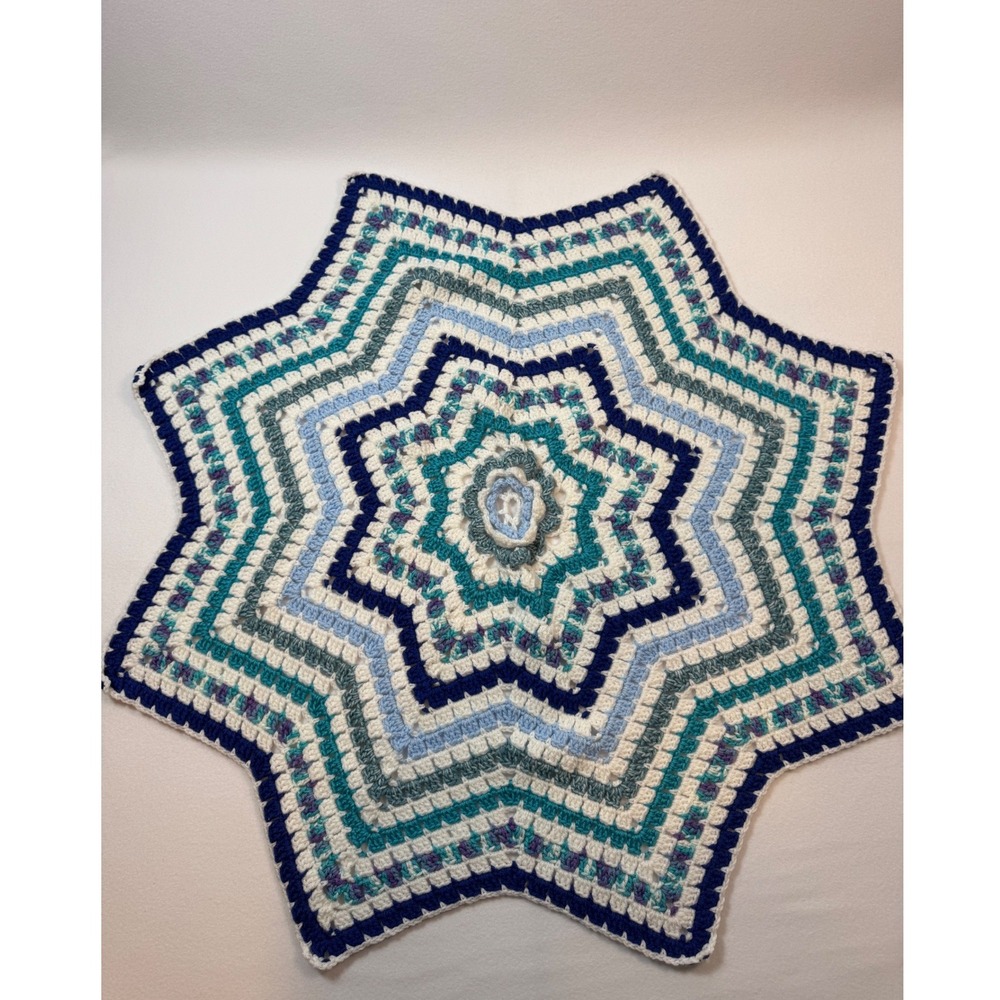 Handmade Crochet Star Baby Blanket‎ Unisex 35in Blue White Teal Purple